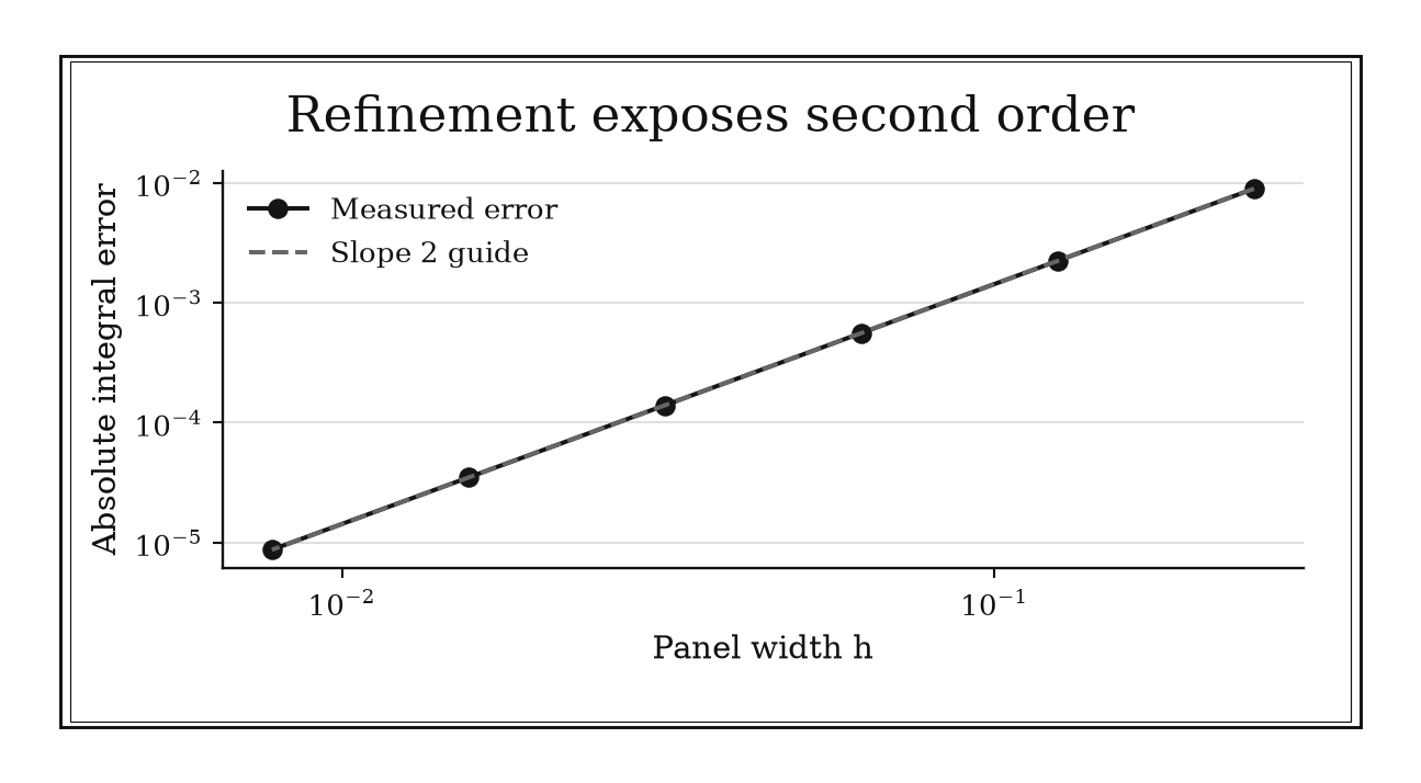 Measured quadrature error aligns with a slope-two guide on logarithmic axes.