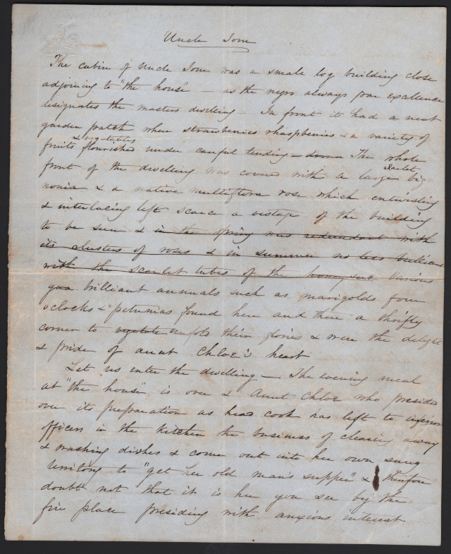 This page from the book Uncle Toms Cabin by Harriet Beecher Stowe unveils Chapter 4 with an introduction to Uncle Tom a slave laboring on a Kentucky plantation. It highlights Toms attributes such as his devout faith amicable nature and allegiance to his master. The tale transitions to depicting Toms cabin a modest log abode near the masters residence always referred to as the negros dwelling with a garden upfront flourishing with strawberries raspberries and other fruits along with various flowers like marigolds four oclocks and petunias. The chapter acquaints readers with other plantation characters like Aunt Chloe the cook overseeing the evening meal and George Shelby Toms previous master now grappling with financial woes and contemplating the sale of some slaves for financial relief.