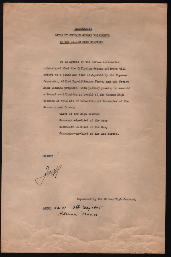 A document titled Undertaking Given by Certain German Emissaries to the Allied High Commands outlines an agreement by German representatives to dispatch specified German officers fully authorized to a designated location and time as directed by the Supreme Commander Allied Expeditionary Force and the Soviet High Command.